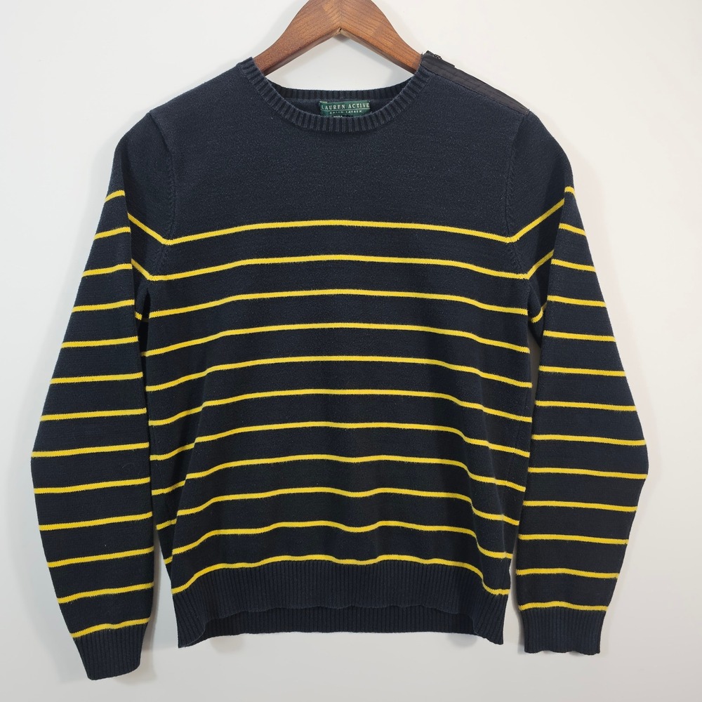 Lauren Active Ralph Lauren Navy Blue Yellow Striped Cotton Sweater Zip Shoulder
